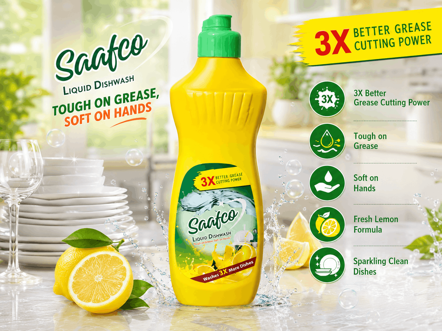 Saafco 3X Liquid Dish Wash with lemon formula, grease-cutting power and soft-on-hands benefits beside clean dishes and fresh lemons.