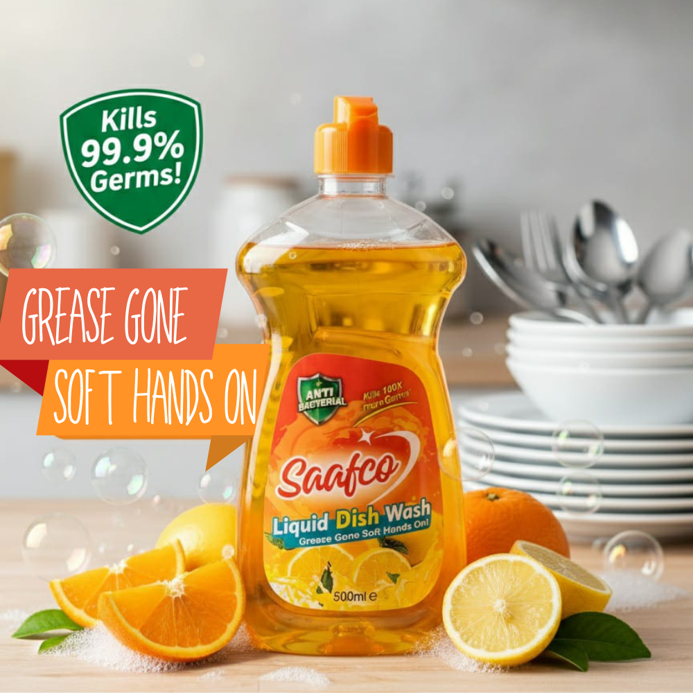 feature image of saafco anti-bacterial liquid dishwash highlight fresh lemon fragrance and features of powerful grease remover with soft on hands