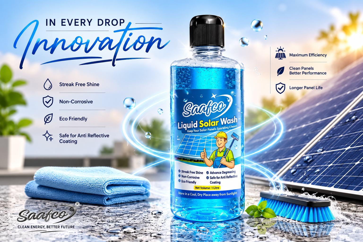 Saafco Liquid Solar Wash cleaner bottle displayed with solar panels, a cleaning brush, and microfiber cloth, highlighting streak-free shine, non-corrosive and eco-friendly cleaning, anti-reflective coating safety, maximum efficiency, and longer panel life.