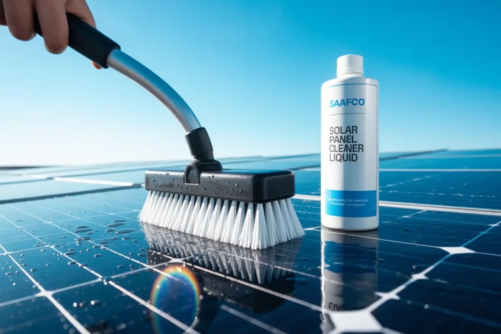 Cleaning rooftop solar panels with eco-friendly liquid and soft-bristle brush in Pakistan