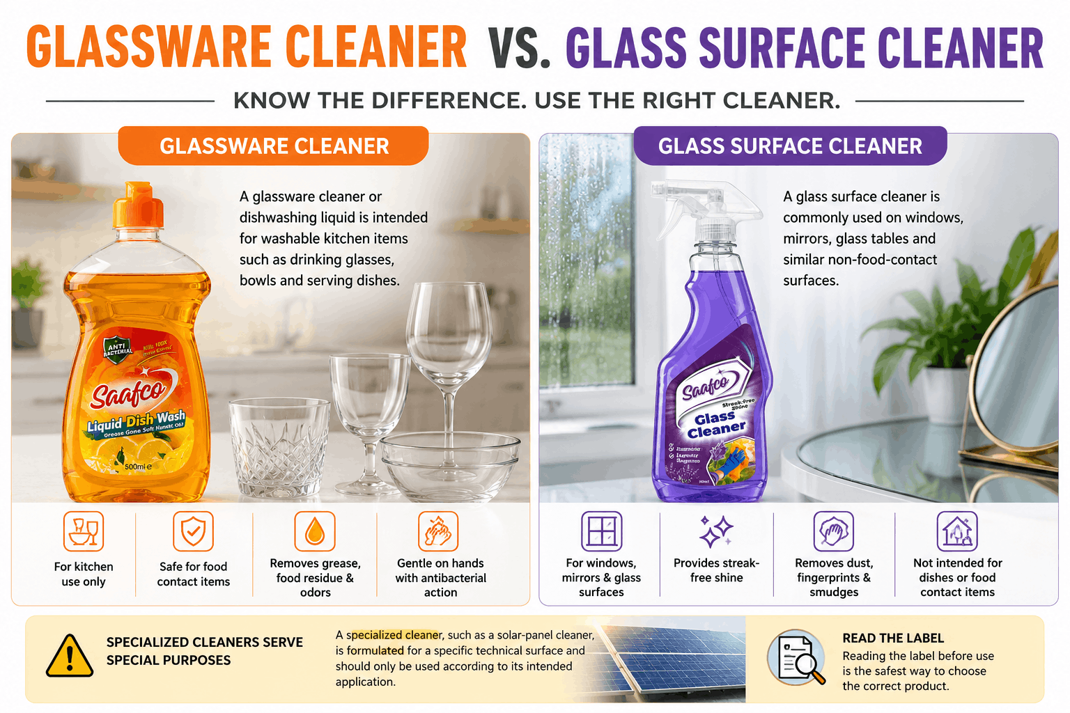 Comparison infographic showing Saafco glassware cleaner for dishes and drinking glasses versus glass surface cleaner for windows, mirrors and glass tables, with usage, safety and cleaning benefits.