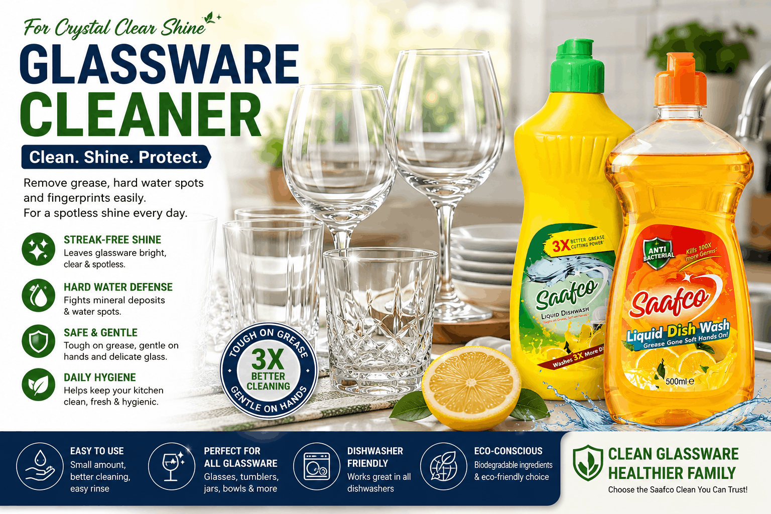 Saafco glassware cleaner infographic featuring two liquid dishwash bottles beside sparkling glasses, highlighting streak-free shine, grease removal, hard-water defence, gentle cleaning and daily kitchen hygiene.