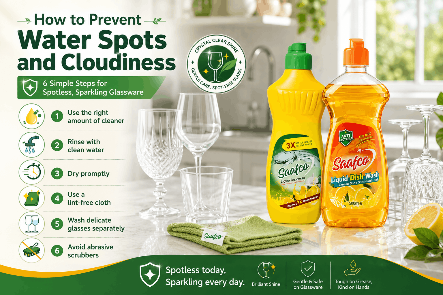 Saafco Liquid Dish Wash bottles beside sparkling glassware with six tips to prevent water spots and cloudiness.