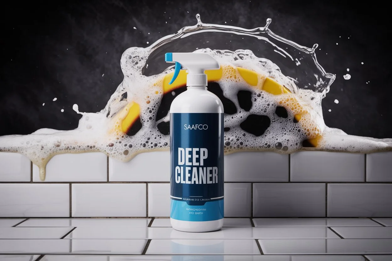 Removing stubborn grease and stains from dishes and kitchen surfaces with Saafco deep cleaning products