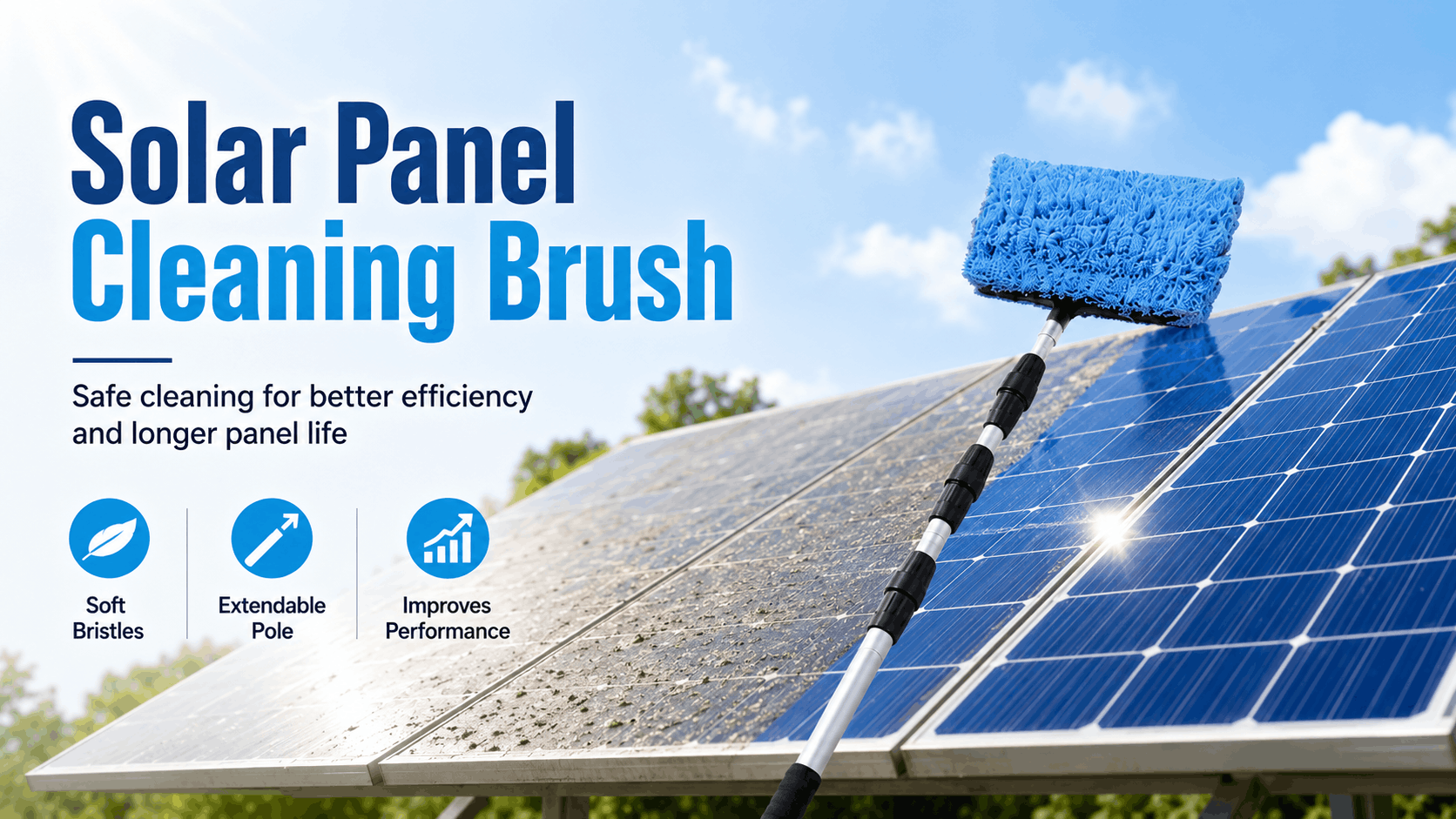 Solar panel cleaning brush with blue bristles and aluminum pole cleaning a dusty solar panel, showing safe cleaning for better efficiency and longer panel life.
