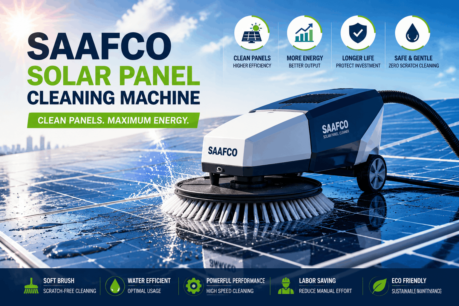 Saafco solar panel cleaning machine with rotating soft brush cleaning photovoltaic panels, demonstrating robotic solar cleaning technology for improved efficiency, energy output, and safe scratch-free maintenance.