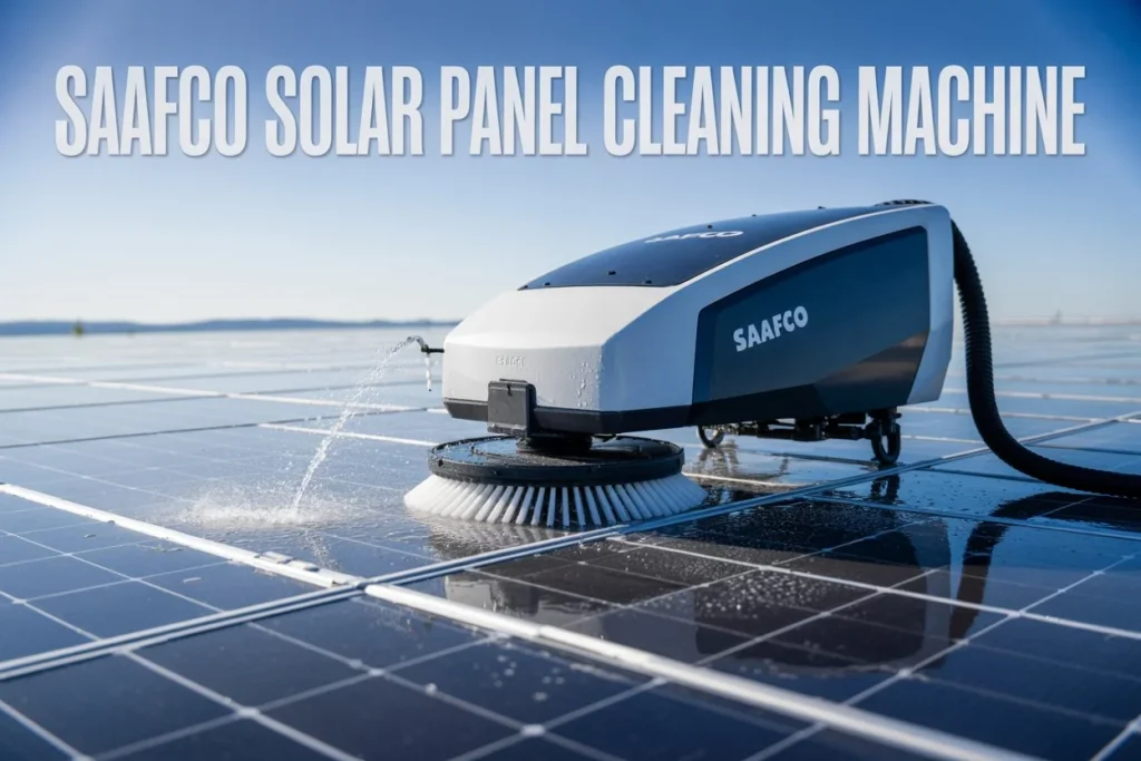 Solar panels being cleaned with a machine using Saafco Solar Panel Cleaner Liquid in Pakistan
