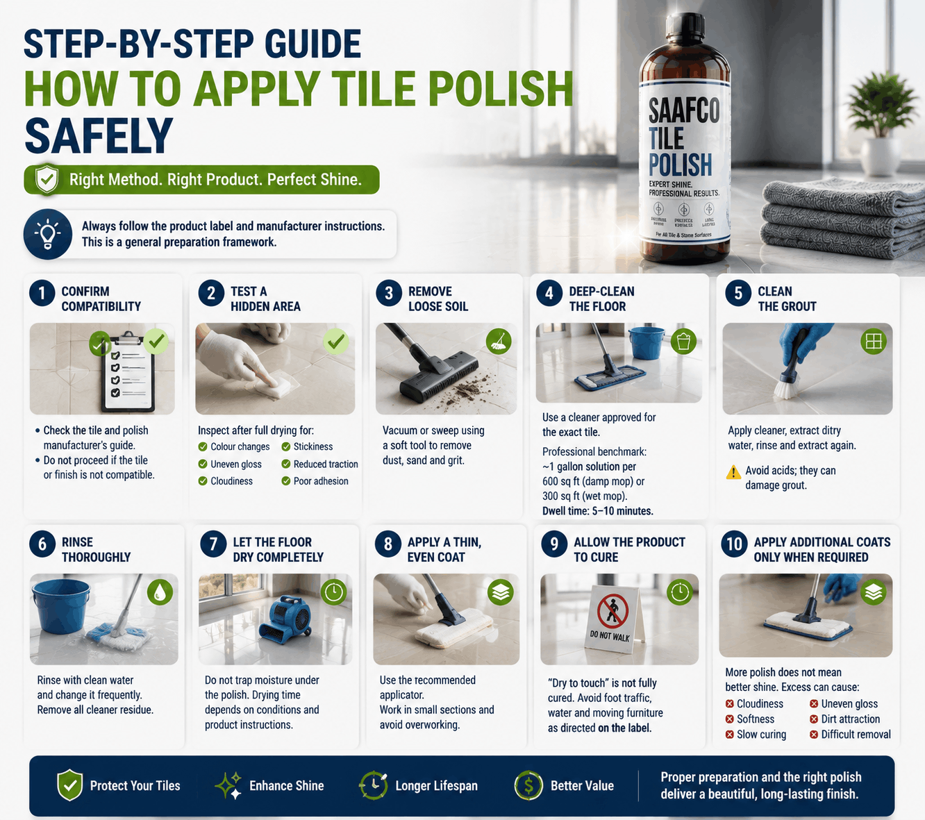 How to apply tile polish safely with a 10-step process including cleaning, preparation, coating, curing, and Saafco Tile Polish application tips.
