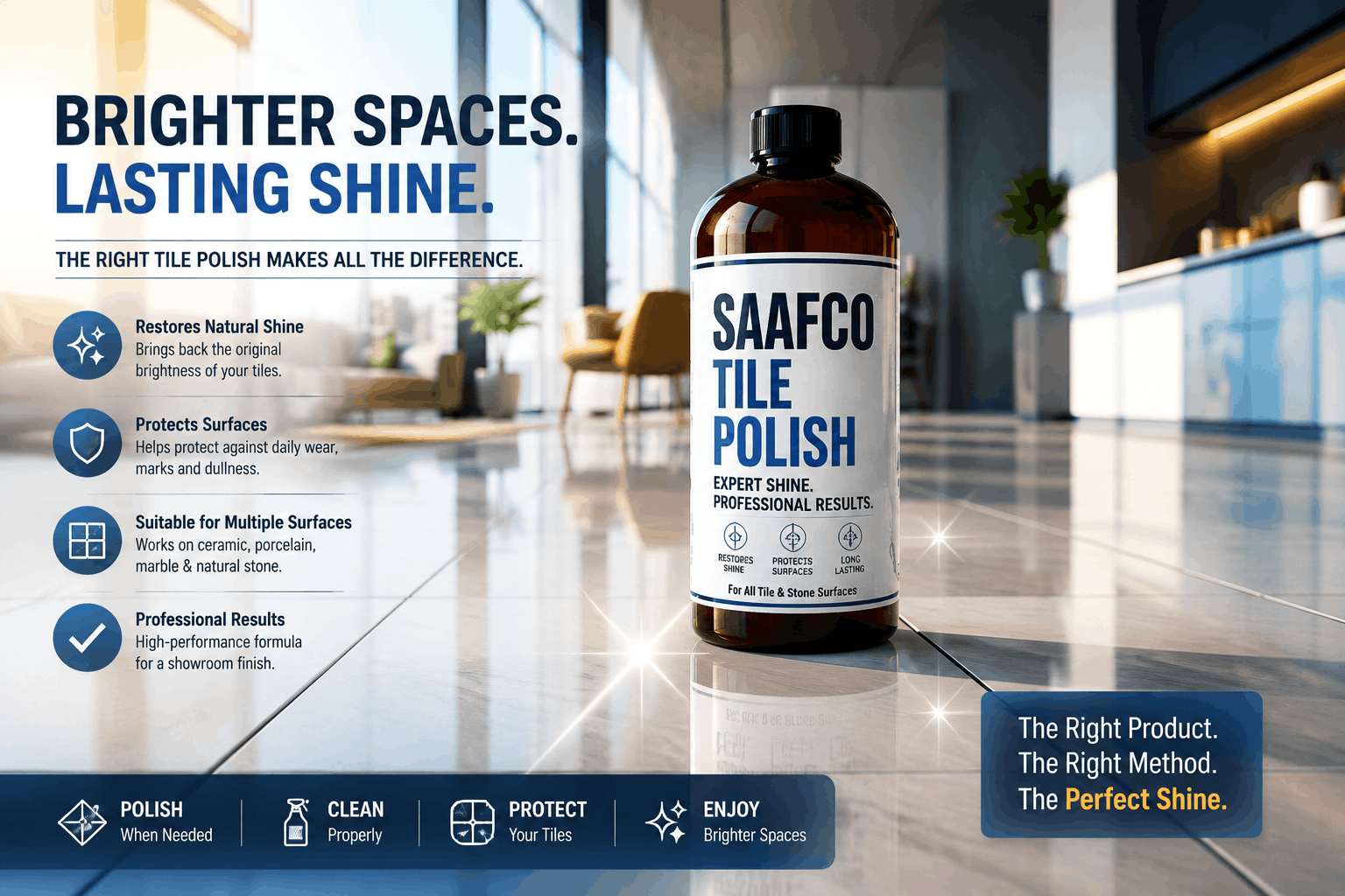 Saafco Tile Polish bottle displayed on a glossy modern tiled floor, showcasing a professional tile polishing solution that restores shine, protects surfaces, and creates a brighter long-lasting finish for ceramic, porcelain, marble, and stone tiles