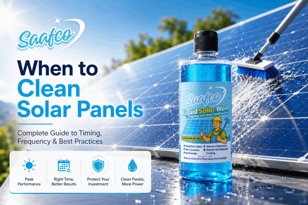 Saafco Liquid Solar Wash bottle placed in front of sparkling solar panels being cleaned with a brush, illustrating the best time and practices for solar panel cleaning.