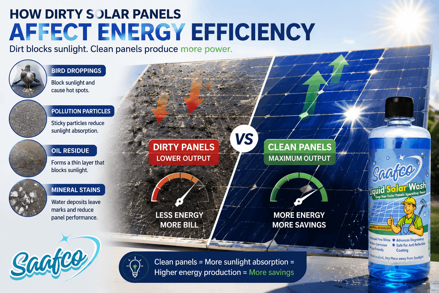 Infographic showing how dirty solar panels affect energy efficiency, comparing dust-covered panels with lower output against clean solar panels with higher energy production, while highlighting bird droppings, pollution particles, oil residue, mineral stains, and Saafco Liquid Solar Wash for effective panel cleaning.
