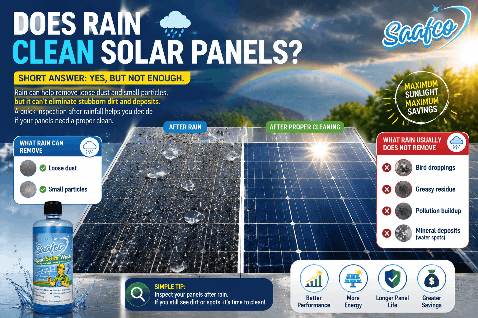 This image shows a clear comparison of rain-washed versus properly cleaned solar panels, highlighting what rain removes, what it leaves behind, and how Saafco Solar Wash helps maintain performance.