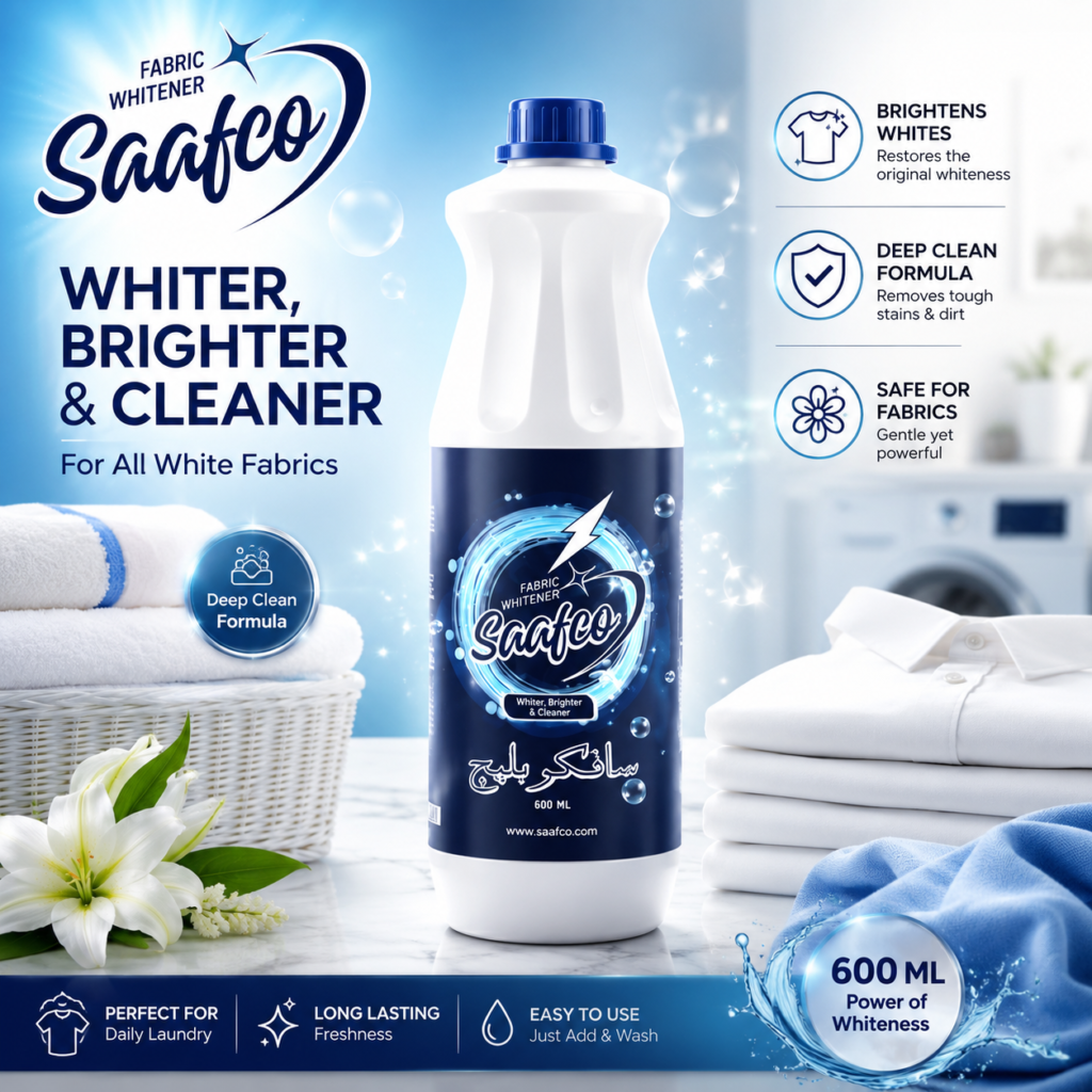 Saafco 600 ml fabric whitener bleach bottle with water splash effects, folded white towels, washing machine, and laundry setting, promoting brighter, whiter, and cleaner fabrics