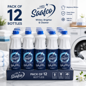 Saafco 600 ml 12 pcs Liquid Bleach bottle surrounded by sparkling water effects, fresh white towels, neatly folded clothes, and elegant flowers, showcasing a powerful solution for whiter, brighter, and cleaner fabrics.