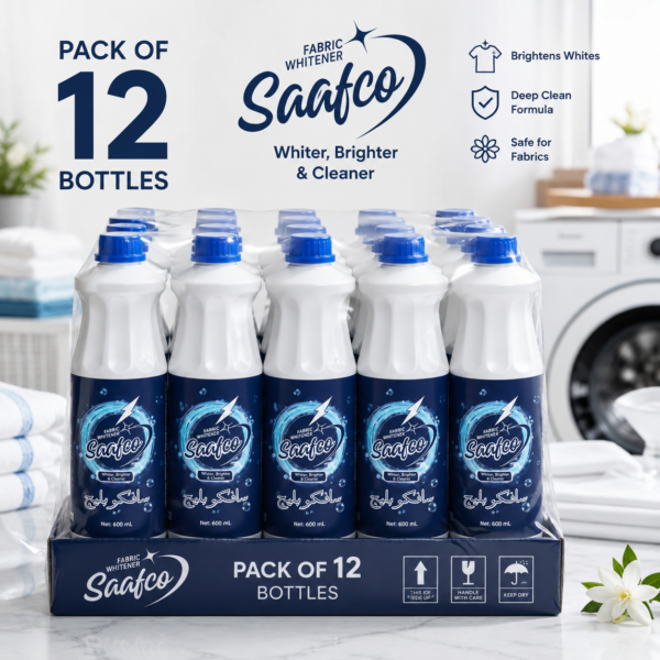 Saafco 600 ml 12 pcs Liquid Bleach bottle surrounded by sparkling water effects, fresh white towels, neatly folded clothes, and elegant flowers, showcasing a powerful solution for whiter, brighter, and cleaner fabrics.