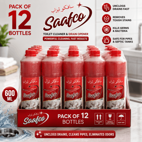 Saafco Drain Opener & Toilet Cleaner 600ml Pack of 12 Bottles for wholesale drain cleaning and toilet care