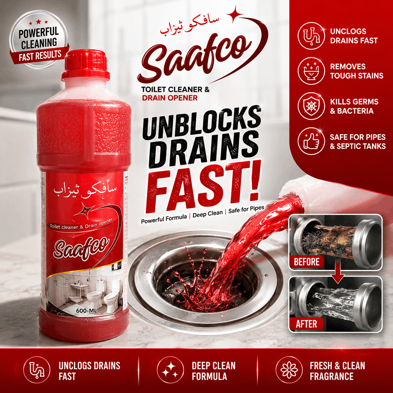 Saafco Drain Opener & Toilet Cleaner 600ml powerful drain cleaning solution for unclogging drains and toilet care