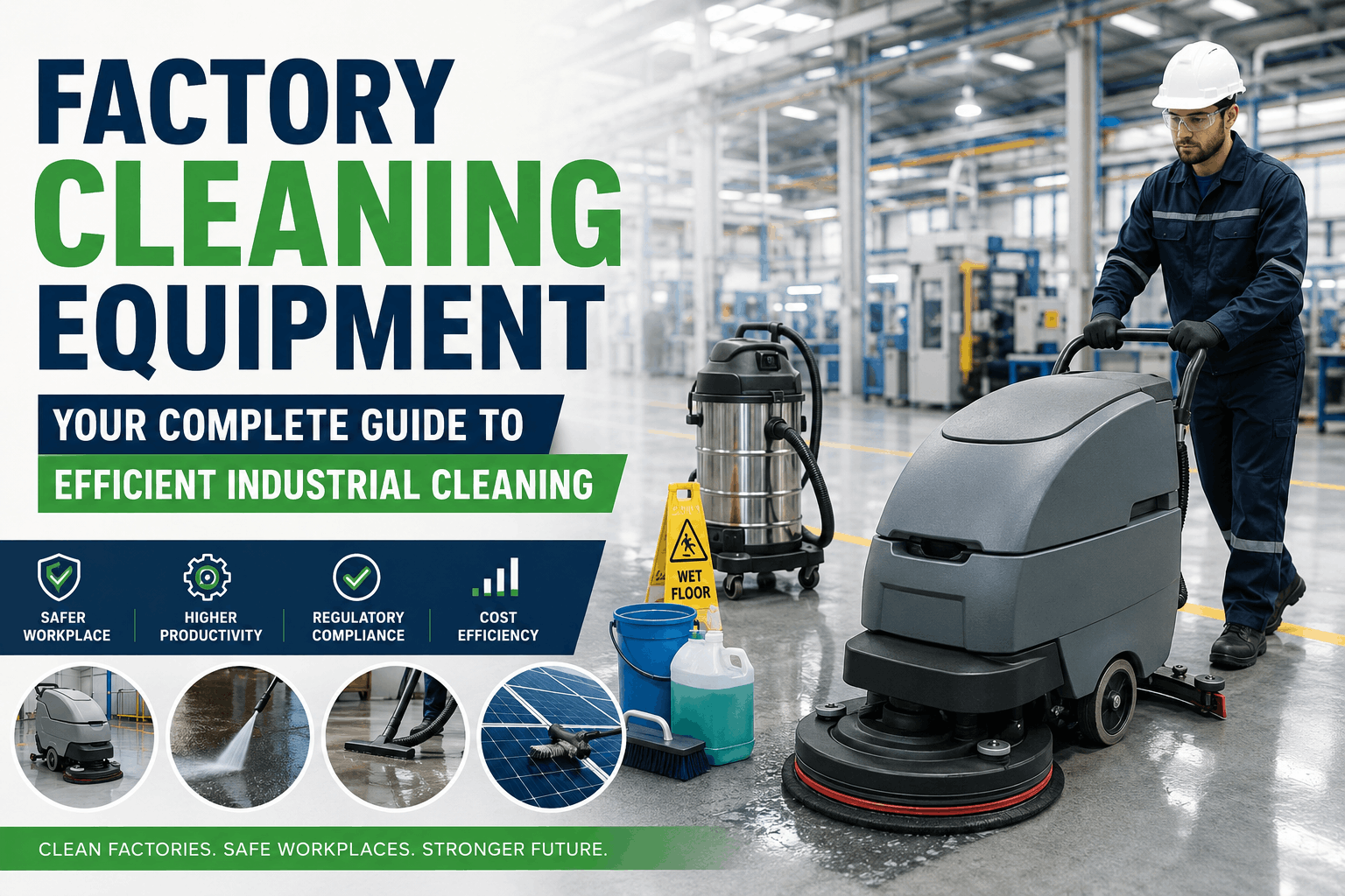 Industrial factory cleaning equipment in action, featuring a professional worker operating a floor scrubber in a modern manufacturing facility, with industrial vacuum cleaners and cleaning tools for efficient factory and workplace cleaning.