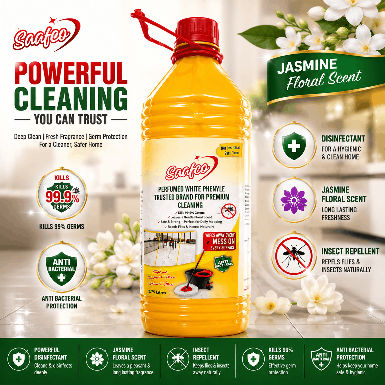 Saafco Premium Jasmine Perfumed White Phenyl & Floor Disinfectant 2.75L – Value Pack of 6 Bottles - Image 2