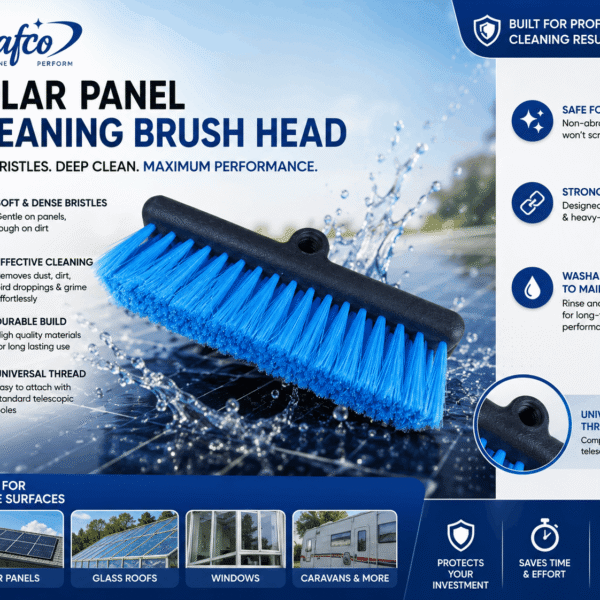 Saafco Solar Panel Cleaning Brush Head promotional banner showing soft bristle brush for efficient and scratch-free solar panel cleaning