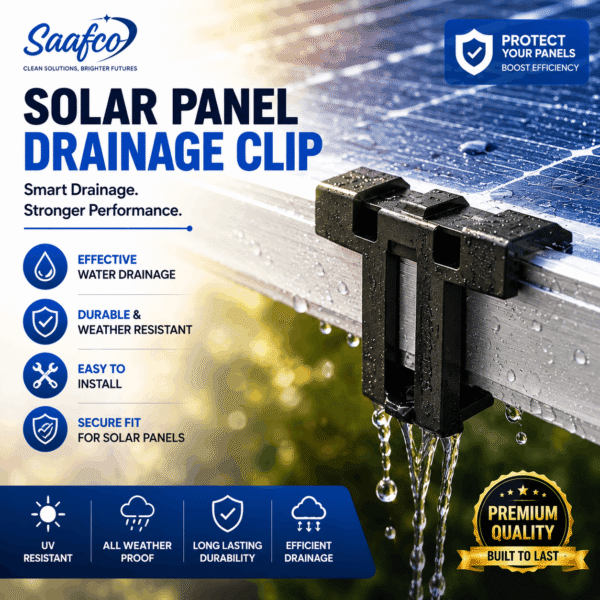 Saafco Solar Panel Water Drain Clip installed on a PV module for efficient rainwater drainage and cleaner solar panels