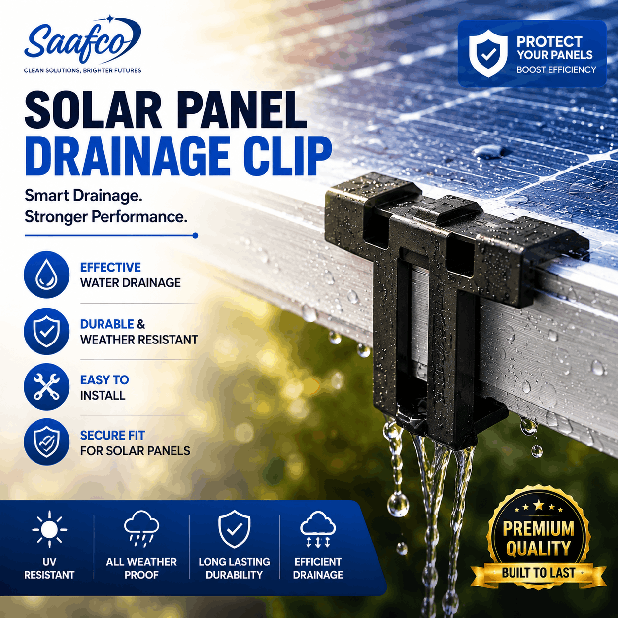 Saafco Solar Panel Water Drain Clip installed on a PV module for efficient rainwater drainage and cleaner solar panels