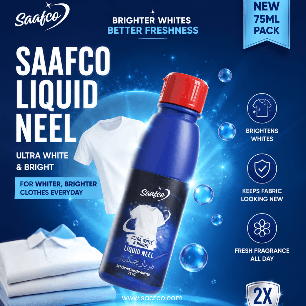 Saafco Liquid Blue Neel 75 ml Ultra White & Bright laundry whitening liquid for brighter white clothes and everyday fabric care