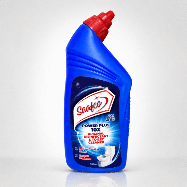 Saafco Power Plus 10X Toilet Cleaner 500ml blue bottle with red nozzle, disinfectant formula, tough-stain removal and freshness benefits.