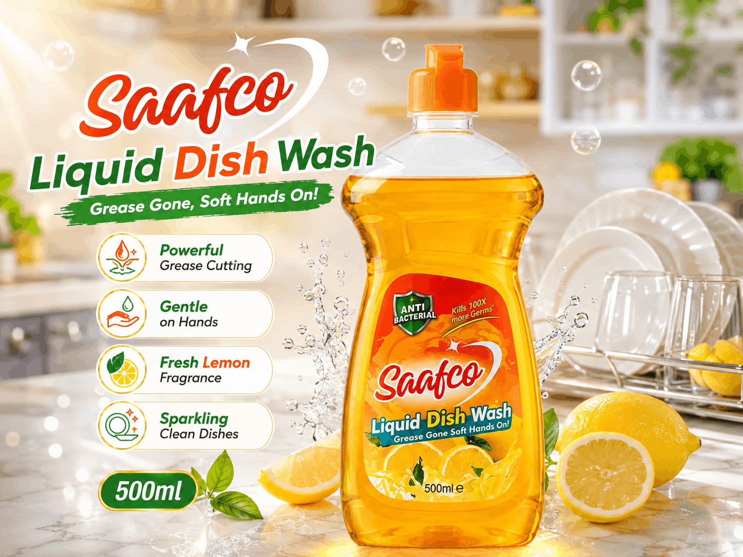 Saafco Premium Antibacterial Liquid Dishwash 500ml with powerful grease cutting, fresh lemon fragrance, gentle-on-hands formula and sparkling clean dish benefits.