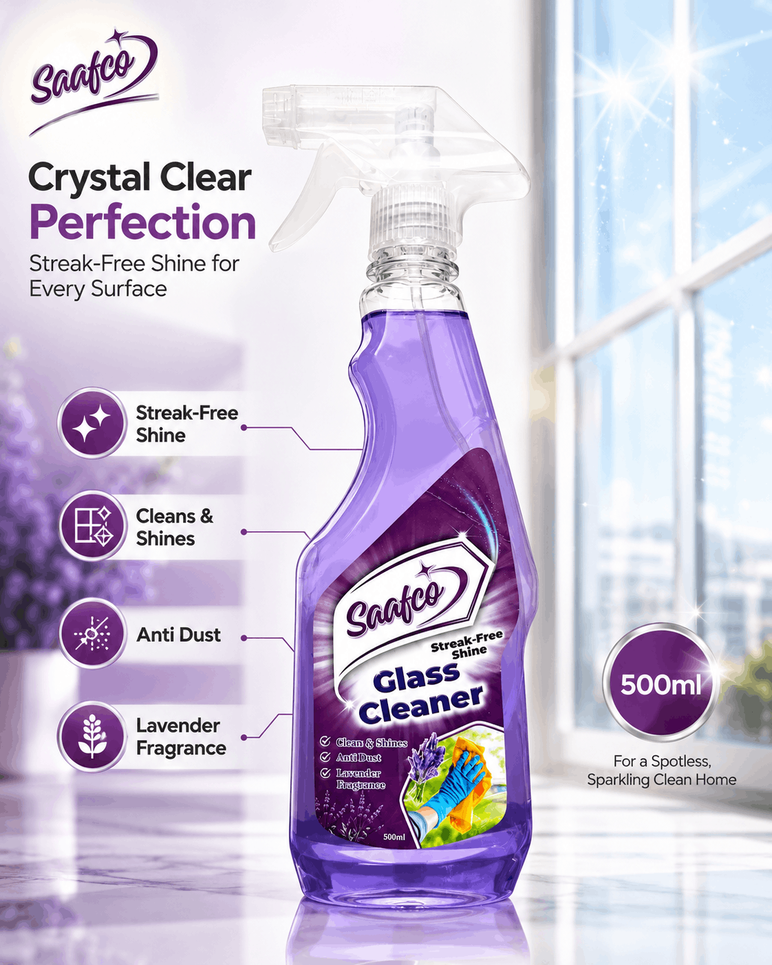 Saafco Glass Cleaner with lavender fragrance home hero