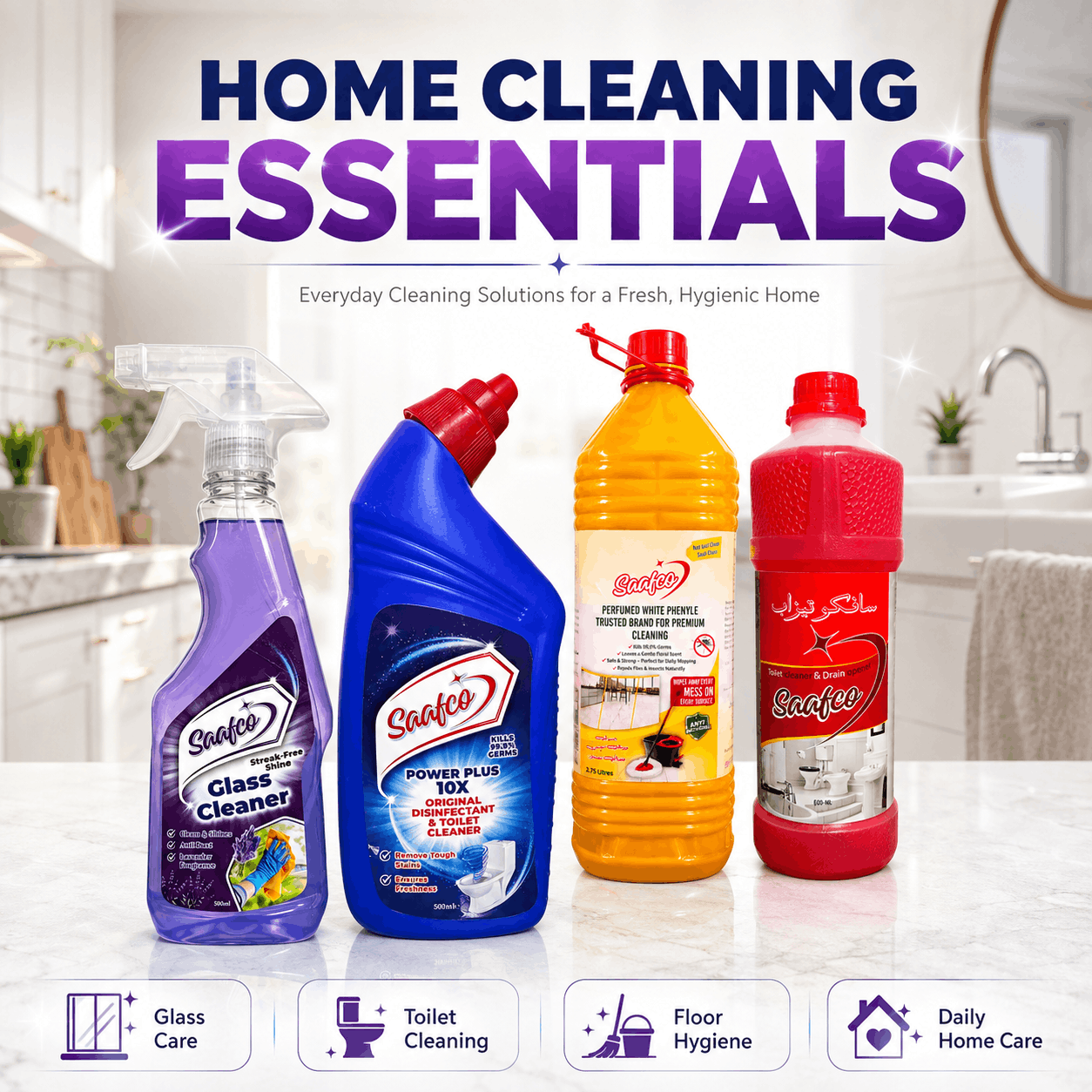 Saafco Home Cleaning Essentials category image featuring glass cleaner, toilet cleaner, white phenyl and drain cleaner bottles displayed in a bright modern home interior.