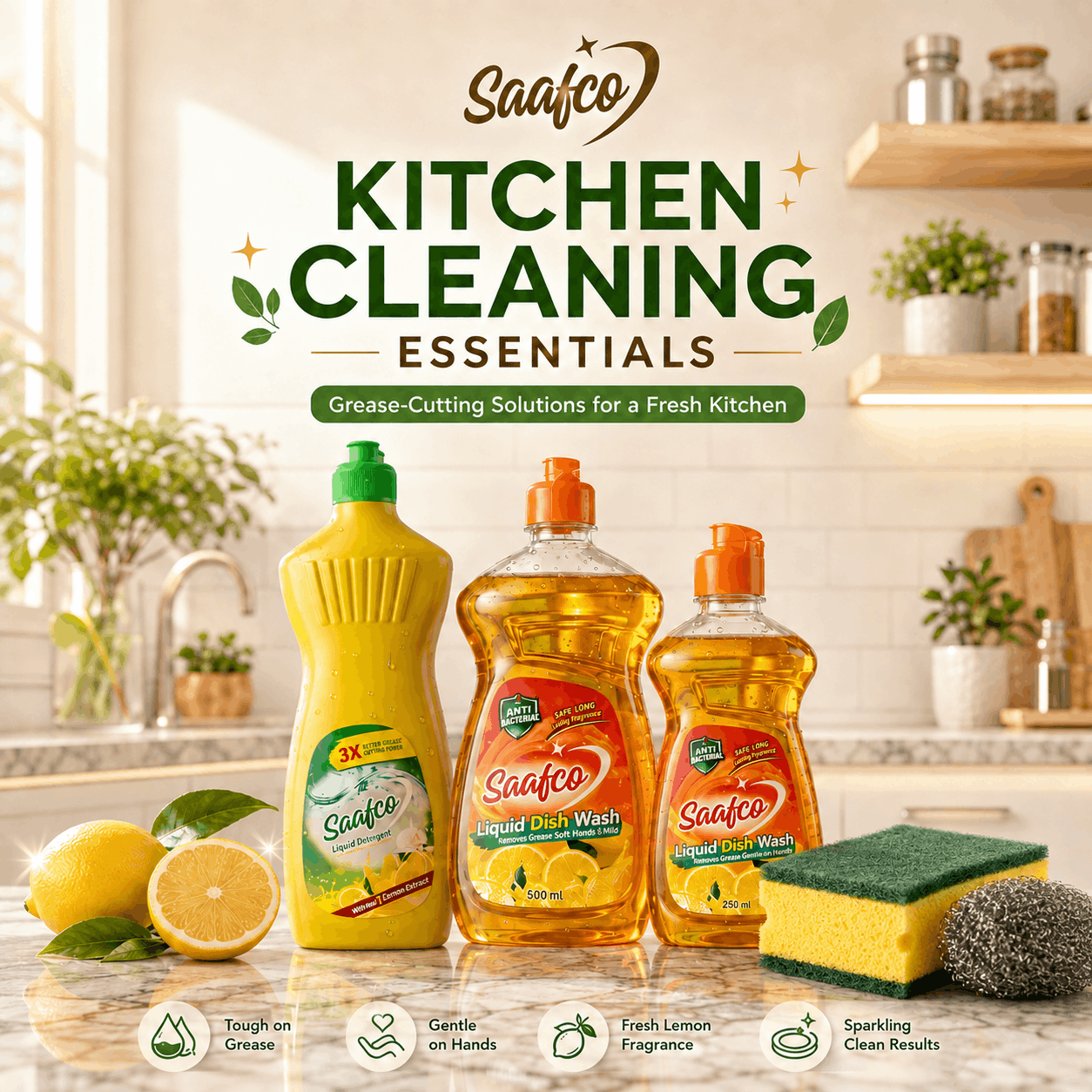 Saafco Kitchen Cleaning Essentials category image featuring lemon dishwash bottles, liquid detergent, sponge and steel scrubber on a modern kitchen counter.