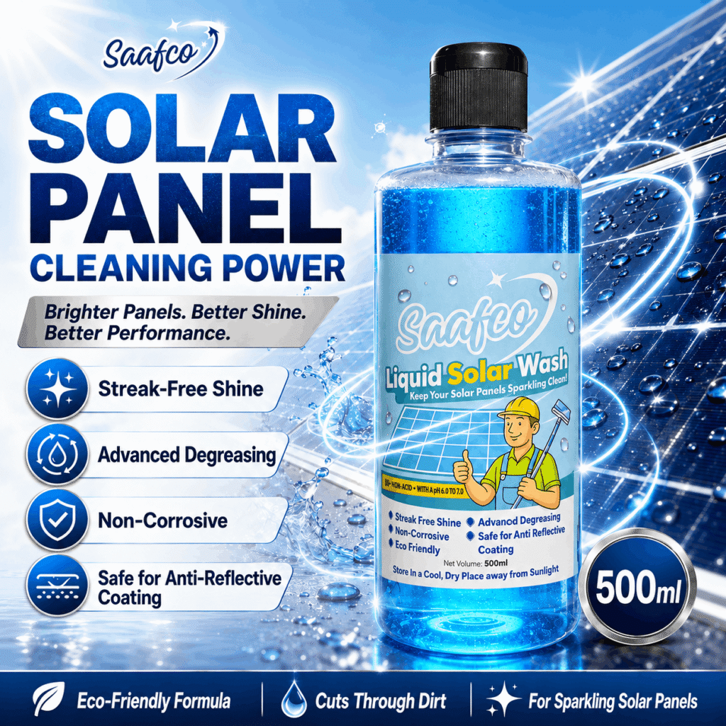 Saafco 500ml Liquid Solar Panel Cleaner bottle beside sparkling solar panels, featuring streak-free, non-corrosive and eco-friendly cleaning benefits.