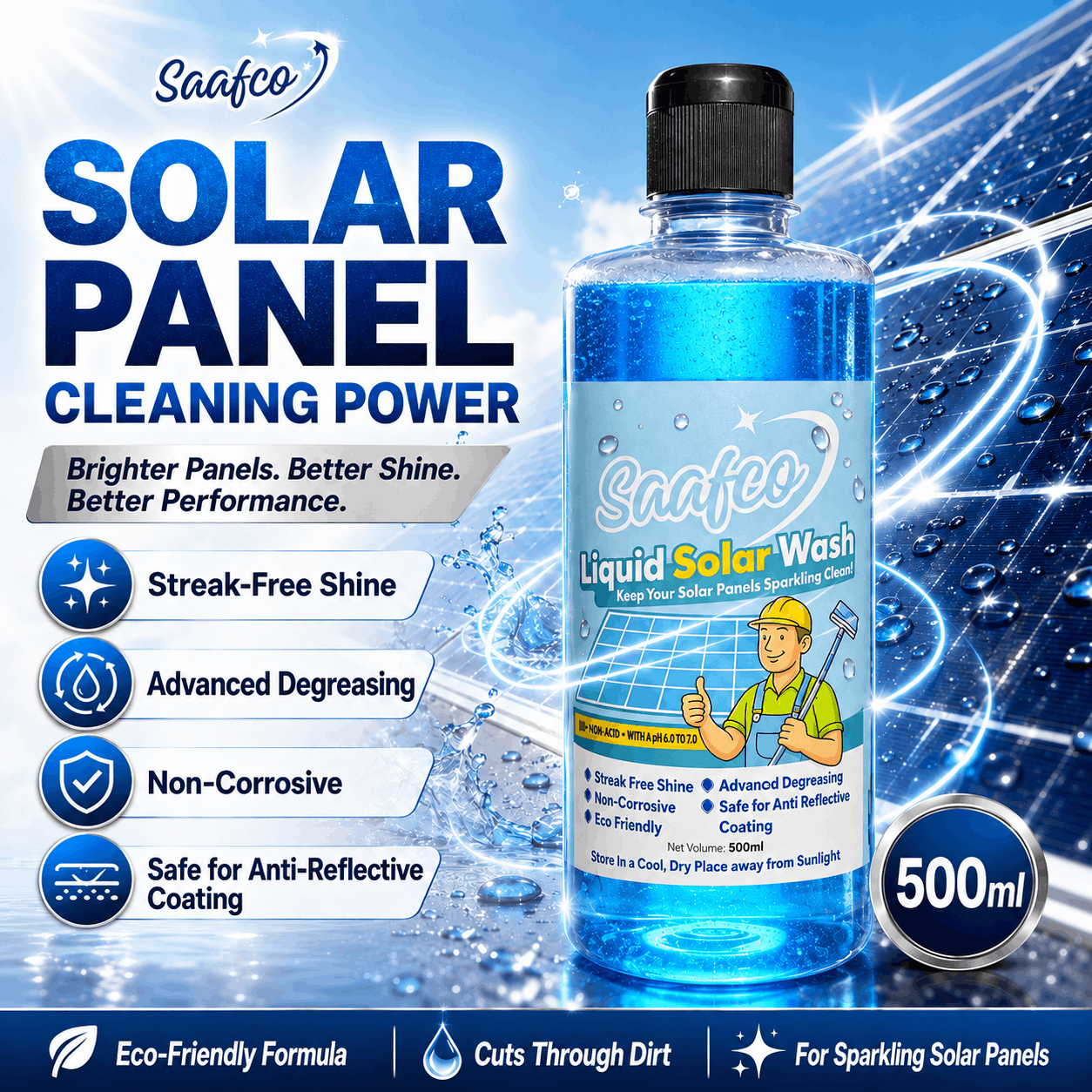 Saafco 500ml Liquid Solar Wash bottle beside sparkling solar panels, featuring streak-free, non-corrosive and eco-friendly cleaning benefits.